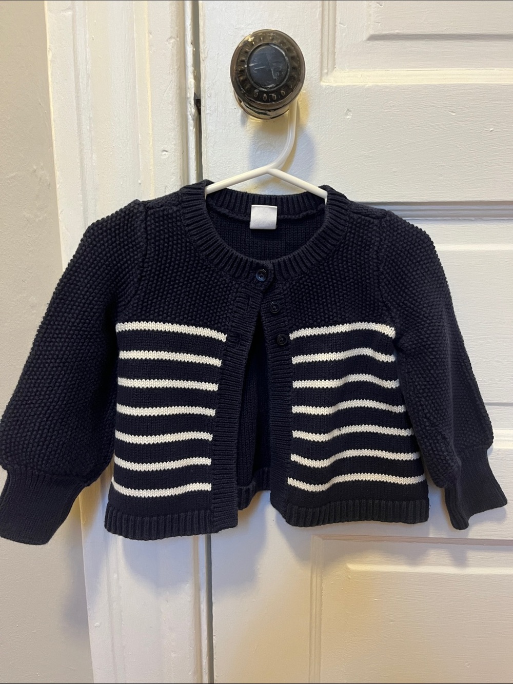 Navy & White Striped Knit Cardigan Sweater